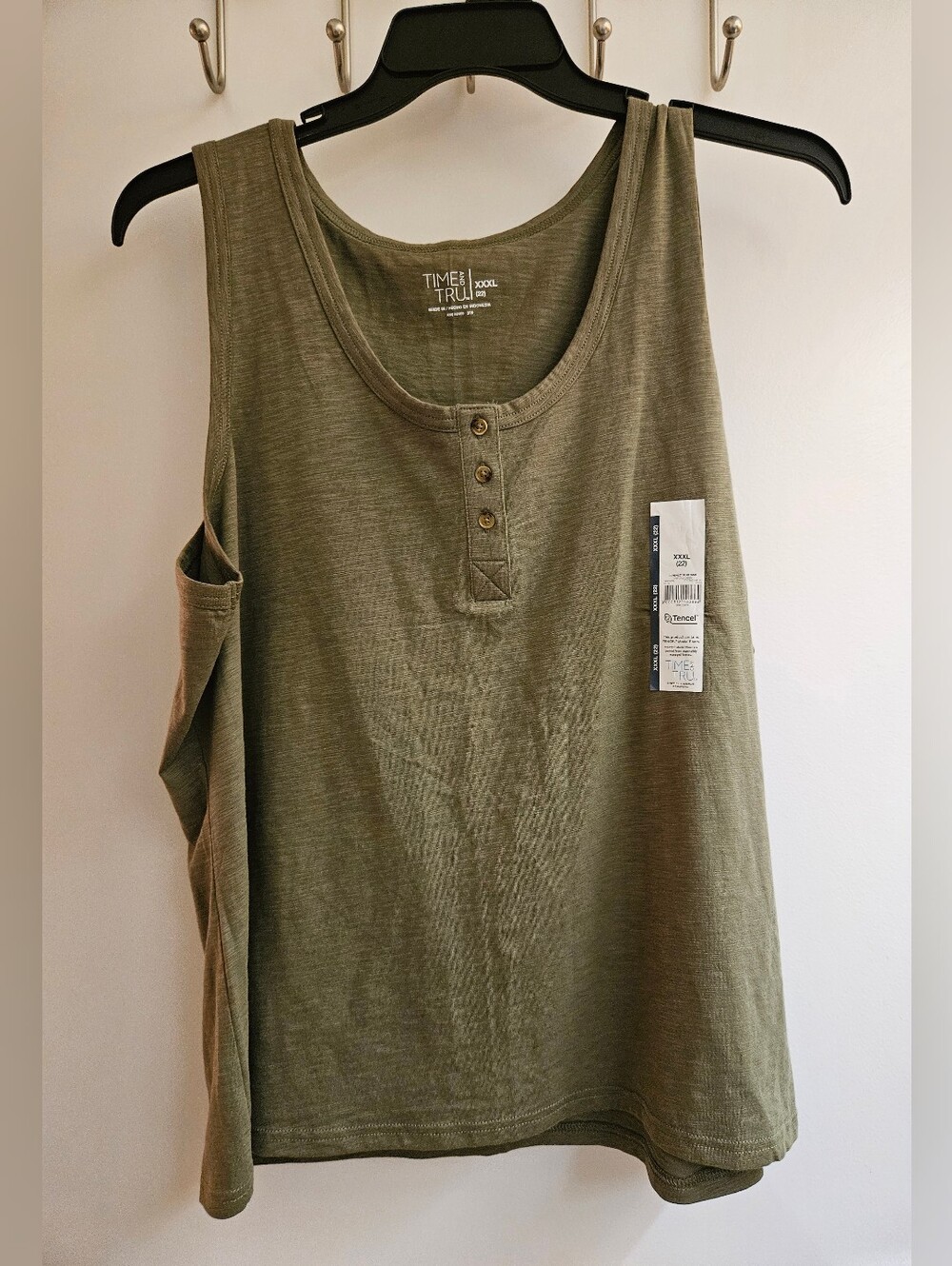 NWT Time and Tru Green Henley Slub Tank Top, Plus Size XXXL 22 Uniform Green